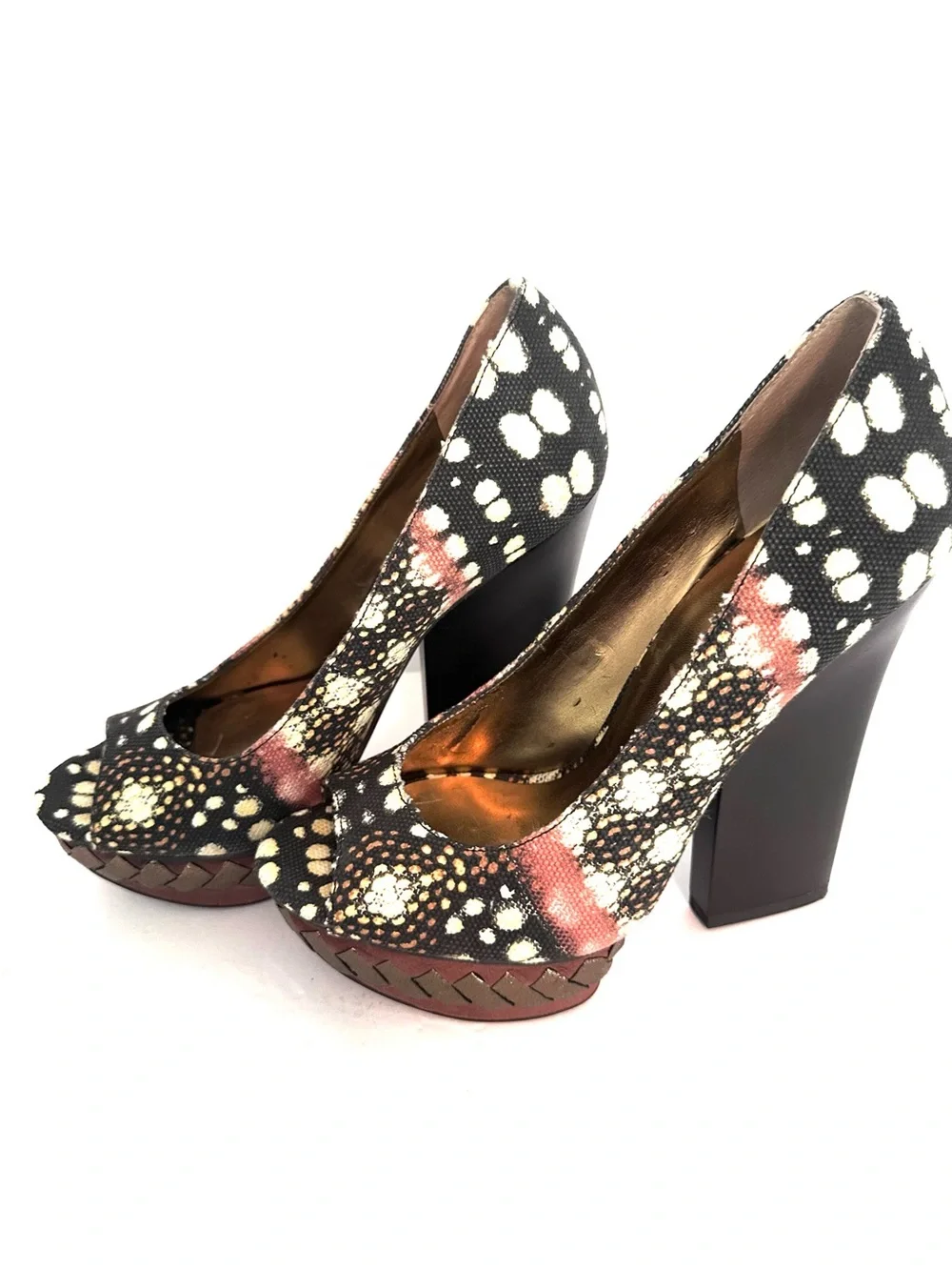 Nine West Black, Cream & Pink Patterned Platform Peep-Toe Pumps Size 7